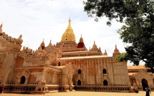 The Ananda temple’s gilded shikhara and courtyard